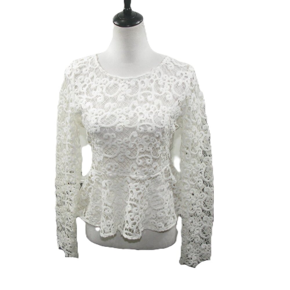 Avec White Open Knit Crochet Long Sleeve Top Size Large